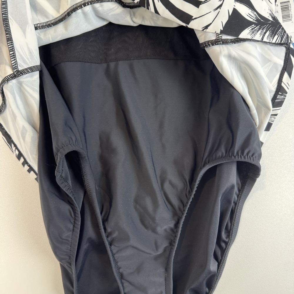 Swim Solutions Triple Tier Fauxkini Swimsuit Black White Palm Leaf Size 10 NEW - Picture 6 of 13